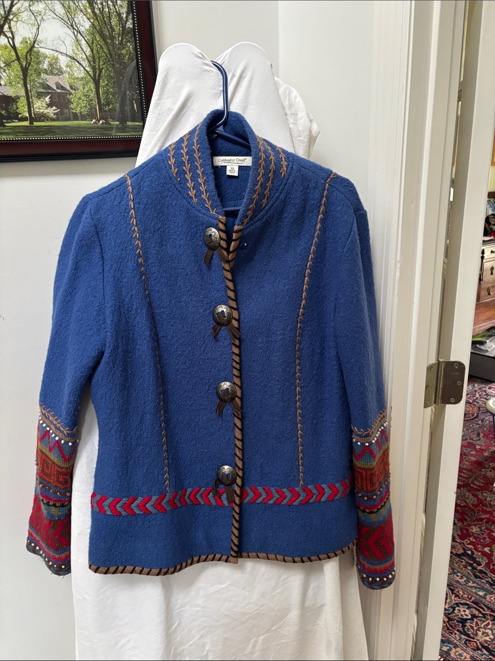 Christopher & Banks Blue Embroidered Folk-Trim Wool Jacket